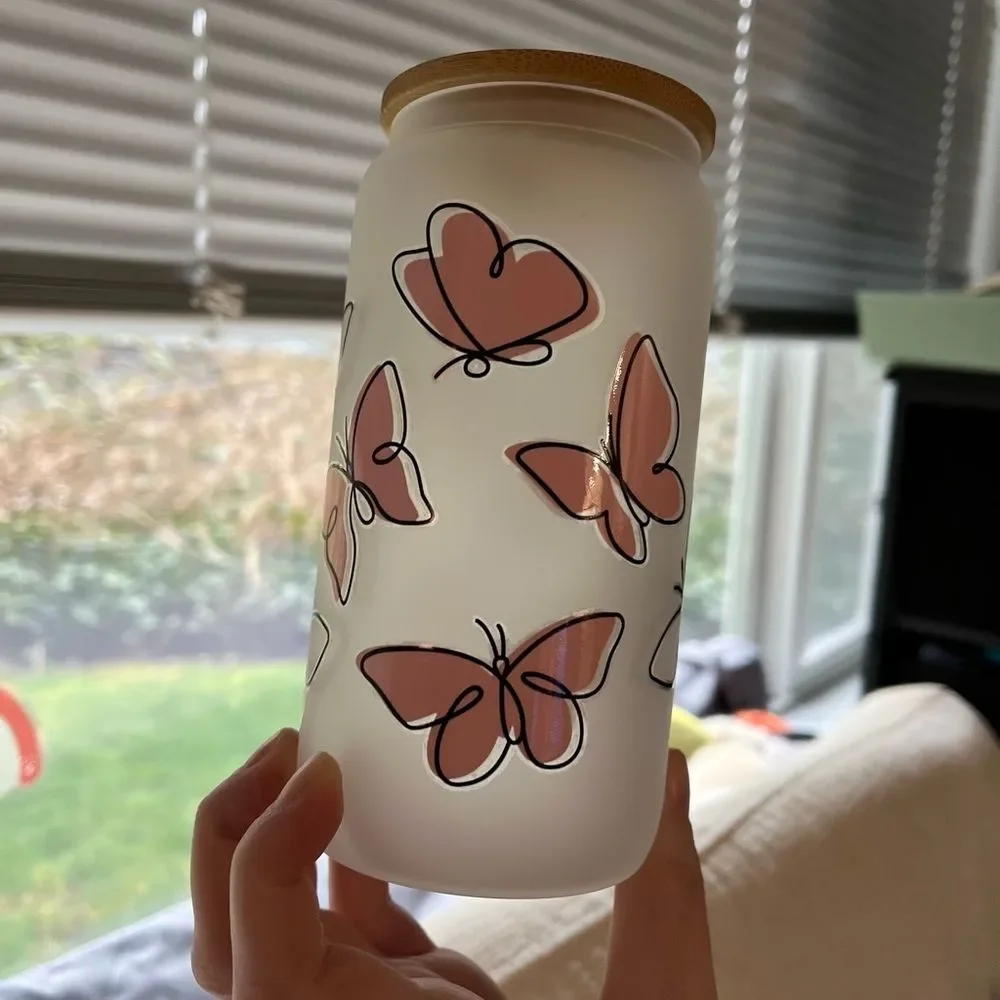 Butterfly Frosted Glass Cup with Bamboo Lid‎ NEW 16 oz